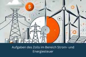 Illustration von Hochspannungsleitungen, Windrädern, Solarzellen und einem Diagramm zur Darstellung der Aufgaben des Zolls im Bereich Strom- und Energiesteuer.