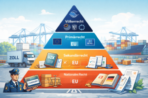 Normenpyramide des Zollrechts – Symbolbild für die Hierarchie aus Völkerrecht, EU-Primärrecht, Sekundärrecht und nationalen Vorschriften