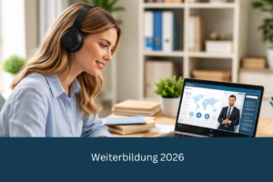 Teilnehmerin nimmt 2026 an einer Online-Weiterbildung teil und lernt am Laptop mit Headset und digitalen Schulungsunterlagen