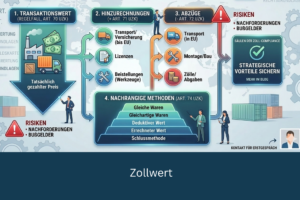 Infografik zur Zollwert-Ermittlung im Zollrecht mit Transaktionswert, Hinzurechnungen, Abzügen und nachrangigen Methoden nach UZK